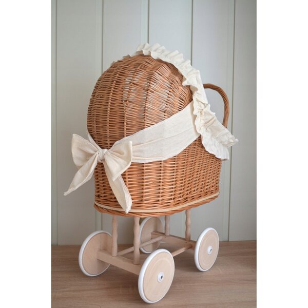 Passeggino per bambole in vimini con cuscino e ruote in legno ecrù, 63 cm