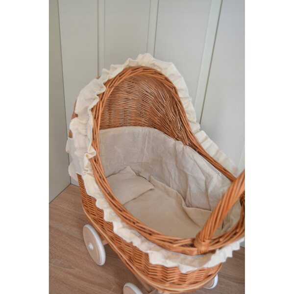 Passeggino per bambole in vimini con cuscino e ruote in legno ecrù, 63 cm
