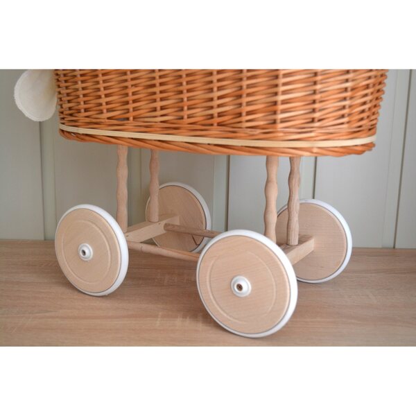 Passeggino per bambole in vimini con cuscino e ruote in legno ecrù, 63 cm