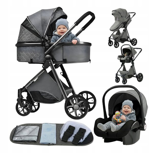 Eleganter grauer Multifunktions-3-in-1-Rollstuhl mit Polsterung und Zubehör
