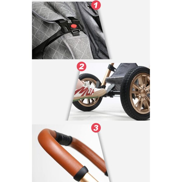 Eleganter grauer Multifunktions-3-in-1-Rollstuhl mit Polsterung und Zubehör