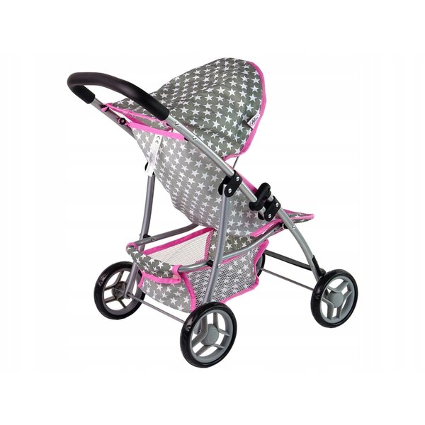 LEAN Toys Puppenwagen, grau mit weißen Sternen und rosa Besatz