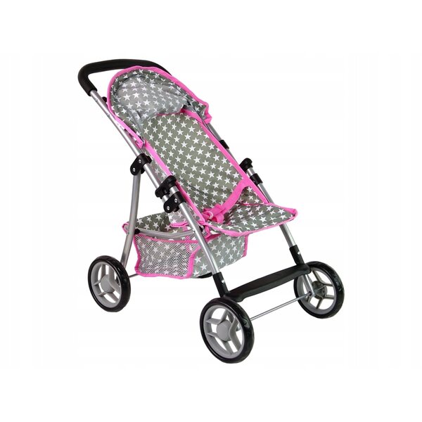 LEAN Toys Puppenwagen, grau mit weißen Sternen und rosa Besatz