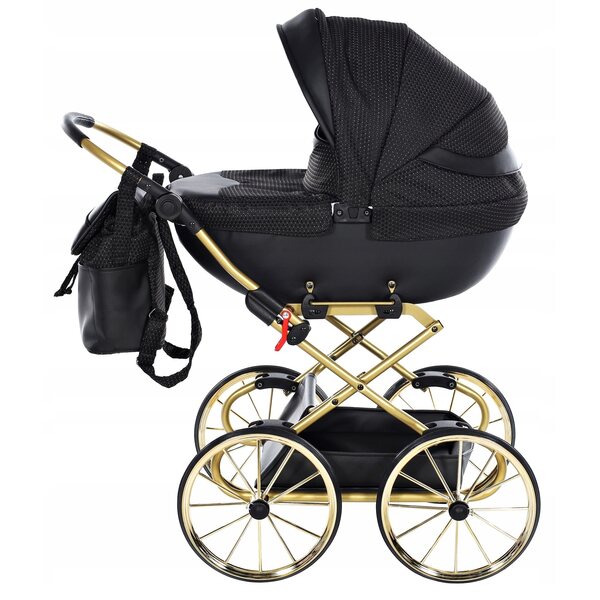 TAKO JUNAMA Dolce MINI Puppenwagen, Schwarz und Gold, Kunstleder, große Räder