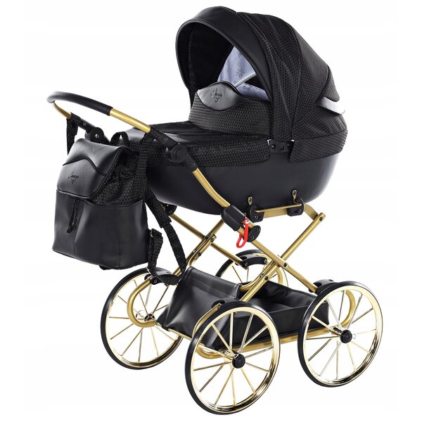 TAKO JUNAMA Dolce MINI Puppenwagen, Schwarz und Gold, Kunstleder, große Räder