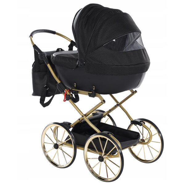 TAKO JUNAMA Dolce MINI Puppenwagen, Schwarz und Gold, Kunstleder, große Räder