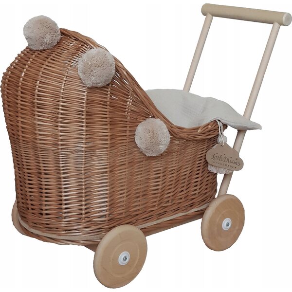 Kinderwagen aus Naturgeflecht mit kompletter Bettwäsche für Puppen