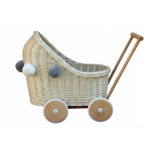 Weißer Puppenwagen aus Korbgeflecht mit Pompons, Holzrahmen, umweltfreundlicher Farbe