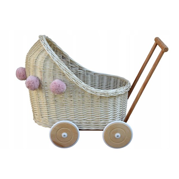 Weißer Puppenwagen aus Korbgeflecht mit Pompons, Holzrahmen, umweltfreundlicher Farbe