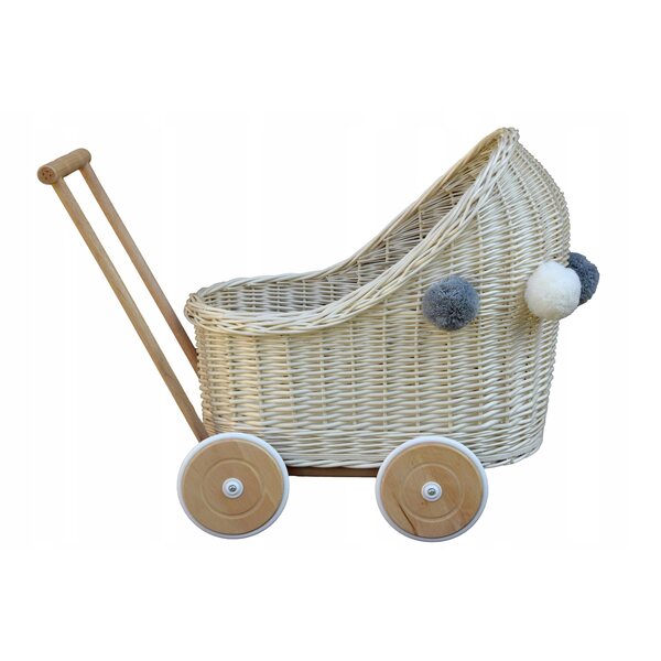 Weißer Puppenwagen aus Korbgeflecht mit Pompons, Holzrahmen, umweltfreundlicher Farbe