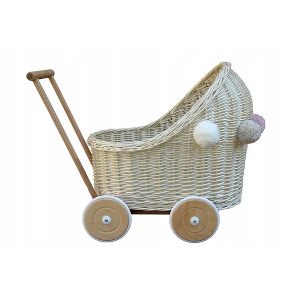 Weißer Puppenwagen aus Korbgeflecht mit Pompons, Holzrahmen, umweltfreundlicher Farbe