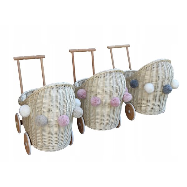 Weißer Puppenwagen aus Korbgeflecht mit Pompons, Holzrahmen, umweltfreundlicher Farbe