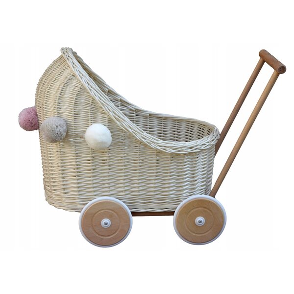 Weißer Puppenwagen aus Korbgeflecht mit Pompons, Holzrahmen, umweltfreundlicher Farbe
