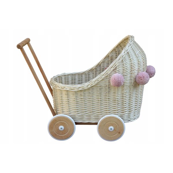 Weißer Puppenwagen aus Korbgeflecht mit Pompons, Holzrahmen, umweltfreundlicher Farbe