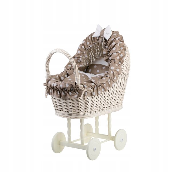 Ein Kinderwagen aus Korbgeflecht für Lulù-Puppen mit beigem Finish, Steppdecke und Kissen