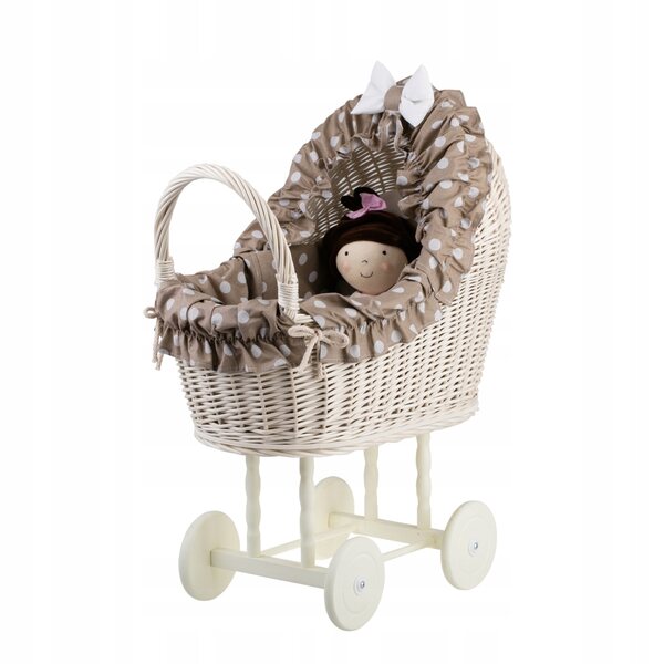 Ein Kinderwagen aus Korbgeflecht für Lulù-Puppen mit beigem Finish, Steppdecke und Kissen