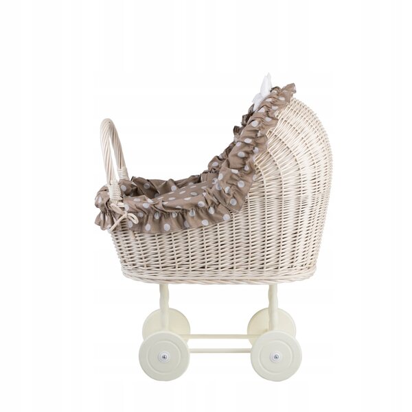Ein Kinderwagen aus Korbgeflecht für Lulù-Puppen mit beigem Finish, Steppdecke und Kissen