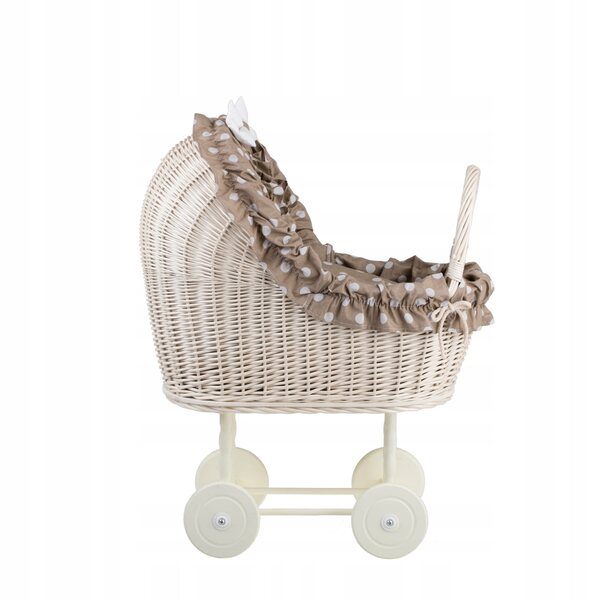 Ein Kinderwagen aus Korbgeflecht für Lulù-Puppen mit beigem Finish, Steppdecke und Kissen
