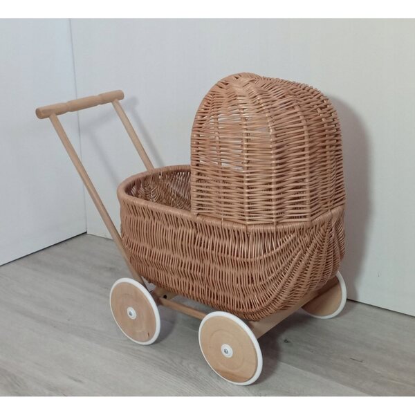 Passeggino per bambole in vimini naturale retrò: un giocattolo ecologico per bambini