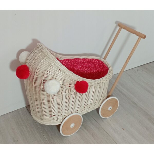 Passeggino per bambole in vimini bianco con biancheria da letto e ruote in legno da 45 cm