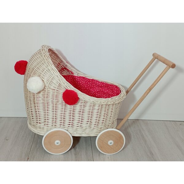 Passeggino per bambole in vimini bianco con biancheria da letto e ruote in legno da 45 cm