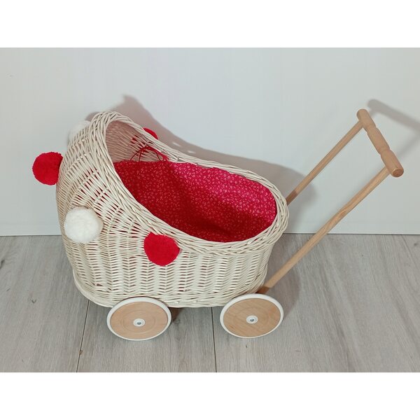 Passeggino per bambole in vimini bianco con biancheria da letto e ruote in legno da 45 cm