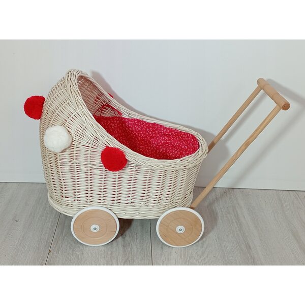Passeggino per bambole in vimini bianco con biancheria da letto e ruote in legno da 45 cm