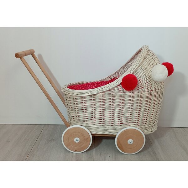 Passeggino per bambole in vimini bianco con biancheria da letto e ruote in legno da 45 cm