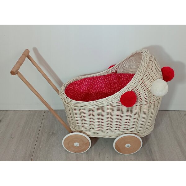Passeggino per bambole in vimini bianco con biancheria da letto e ruote in legno da 45 cm