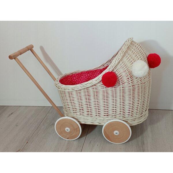 Passeggino per bambole in vimini bianco con biancheria da letto e ruote in legno da 45 cm