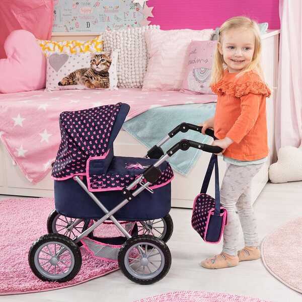 Opvouwbare poppenwagen met verstelbaar handvat en accessoires inbegrepen