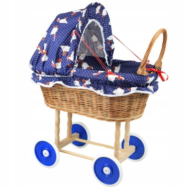 Blauer Puppenwagen aus Korbgeflecht mit Gänsemuster – handgewebt, 40 cm