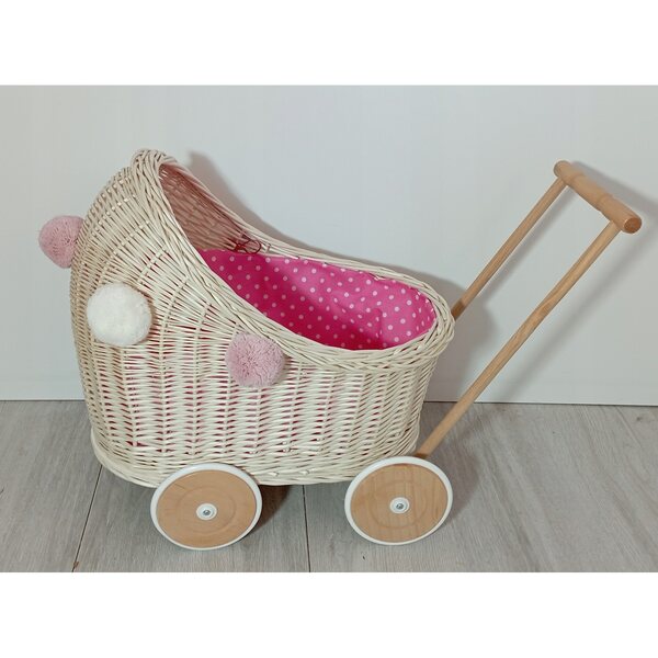 Bambola Carrozza in vimini bianca con lenzuola e pompon per bambini 12m+