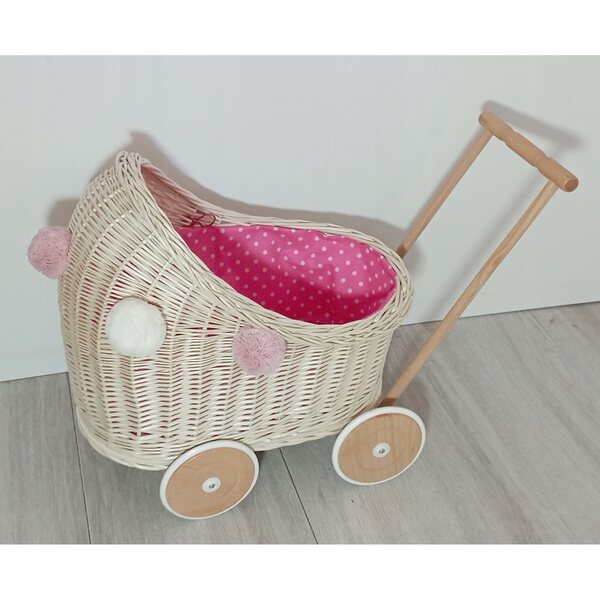 Bambola Carrozza in vimini bianca con lenzuola e pompon per bambini 12m+