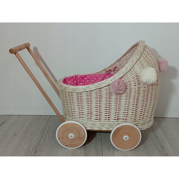 Bambola Carrozza in vimini bianca con lenzuola e pompon per bambini 12m+