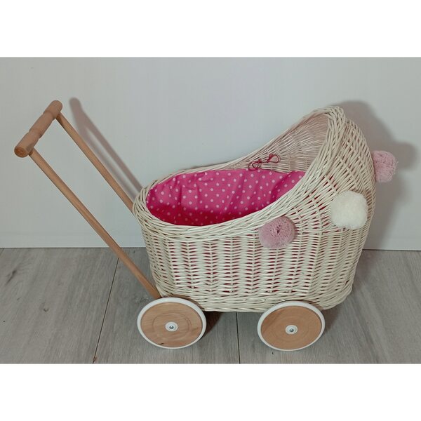 Bambola Carrozza in vimini bianca con lenzuola e pompon per bambini 12m+