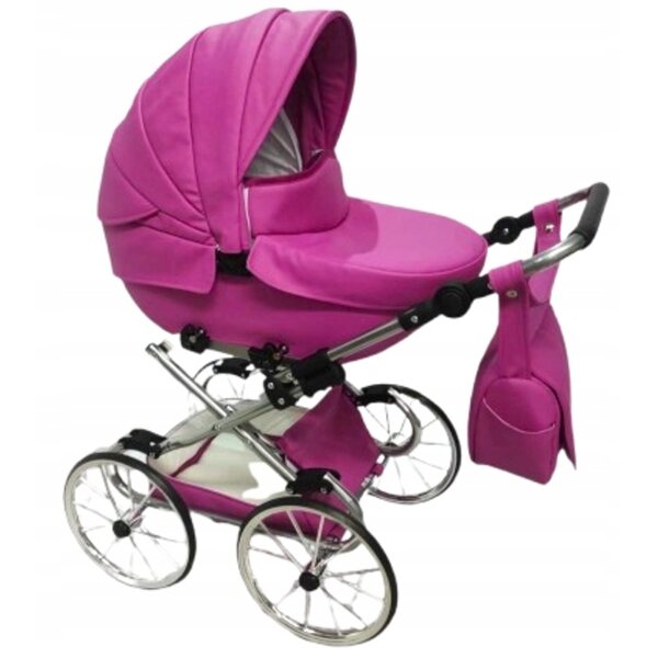 Großer verstellbarer Retro-Puppenwagen in Rosa und Silber für kleine Mädchen
