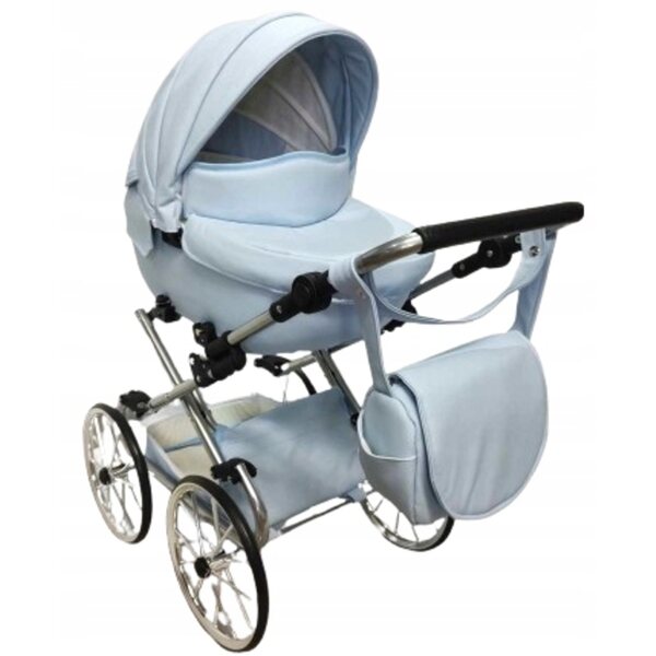 Großer verstellbarer Retro-Puppenwagen in Rosa und Silber für kleine Mädchen
