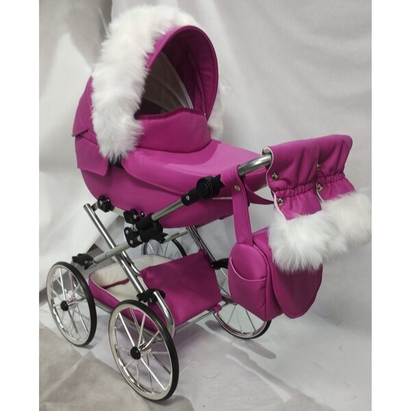 Großer verstellbarer Retro-Puppenwagen in Rosa und Silber für kleine Mädchen