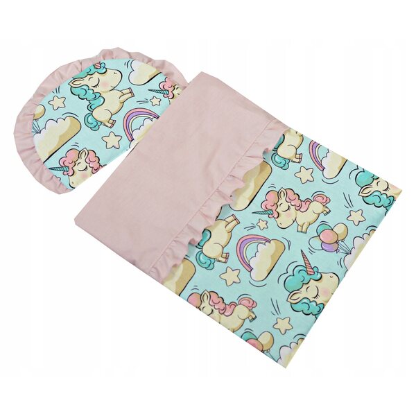 Komplettes Baumwoll-Bettwäsche-Set für Puppenwagen – rosa Einhörner