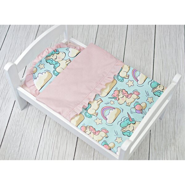 Komplettes Baumwoll-Bettwäsche-Set für Puppenwagen – rosa Einhörner
