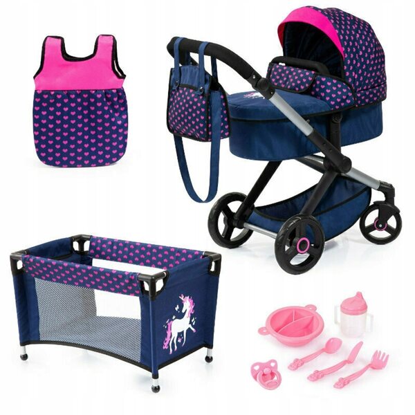 Bayer XEO Puppenwagen, Marineblau, mit Zubehör – Kinderwagen und Bett für 46 cm große Puppen
