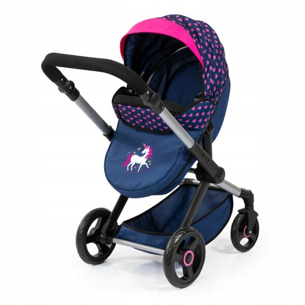 Bayer XEO Puppenwagen, Marineblau, mit Zubehör – Kinderwagen und Bett für 46 cm große Puppen