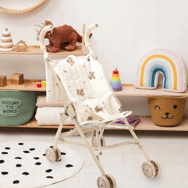 Leichter und stabiler zusammenklappbarer Puppenwagen, cremefarben mit Teddybären