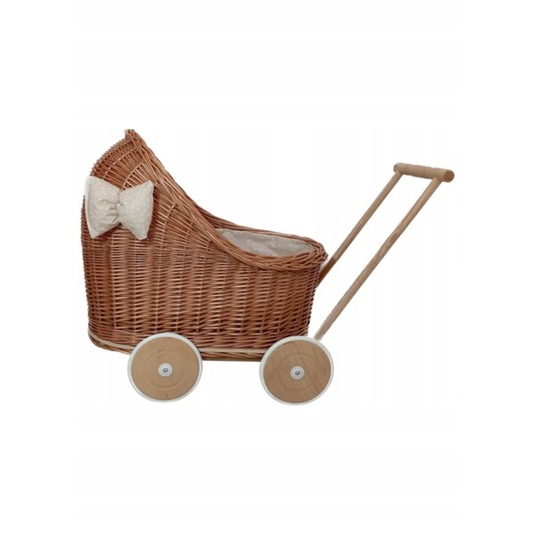 Passeggino per bambole in vimini naturale con biancheria da letto, ruote in legno 45 cm