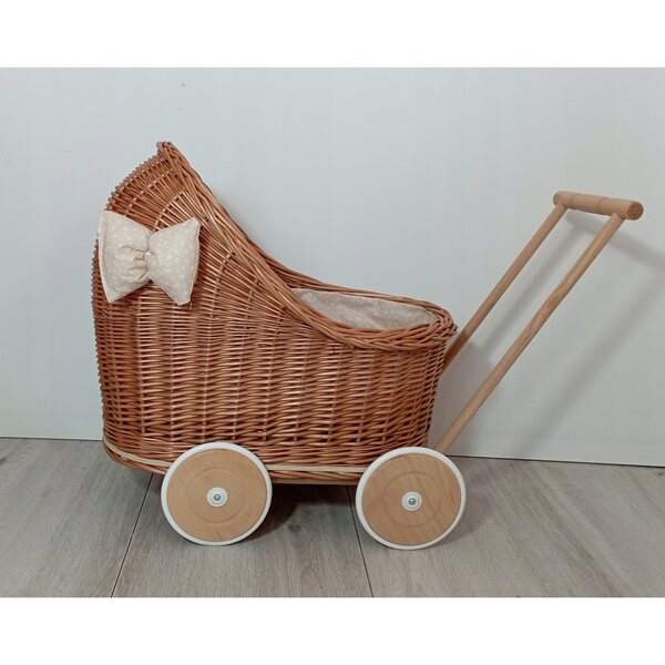 Passeggino per bambole in vimini naturale con biancheria da letto, ruote in legno 45 cm