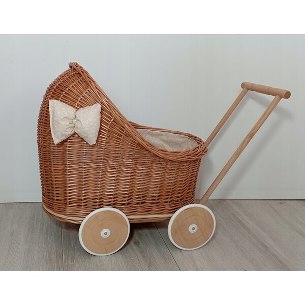 Passeggino per bambole in vimini naturale con biancheria da letto, ruote in legno 45 cm