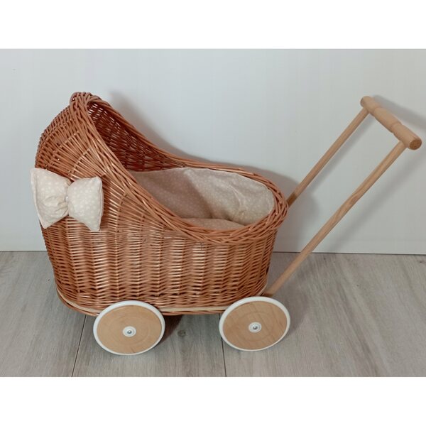 Passeggino per bambole in vimini naturale con biancheria da letto, ruote in legno 45 cm