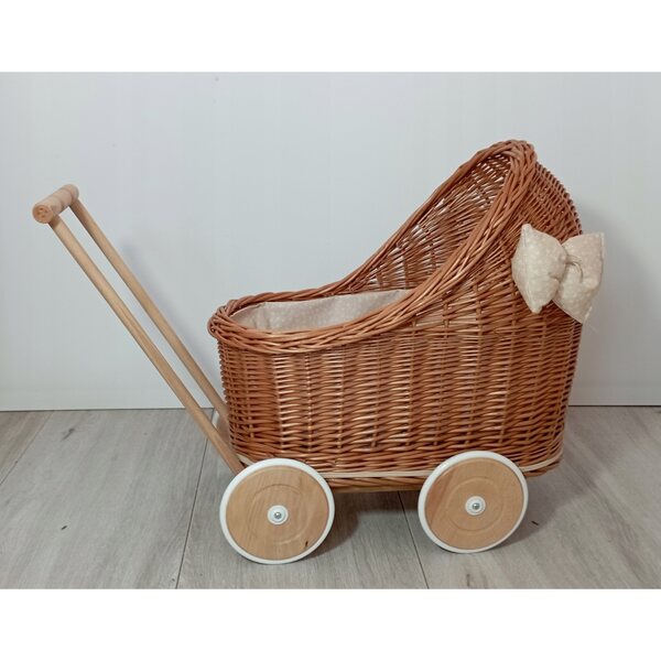 Passeggino per bambole in vimini naturale con biancheria da letto, ruote in legno 45 cm