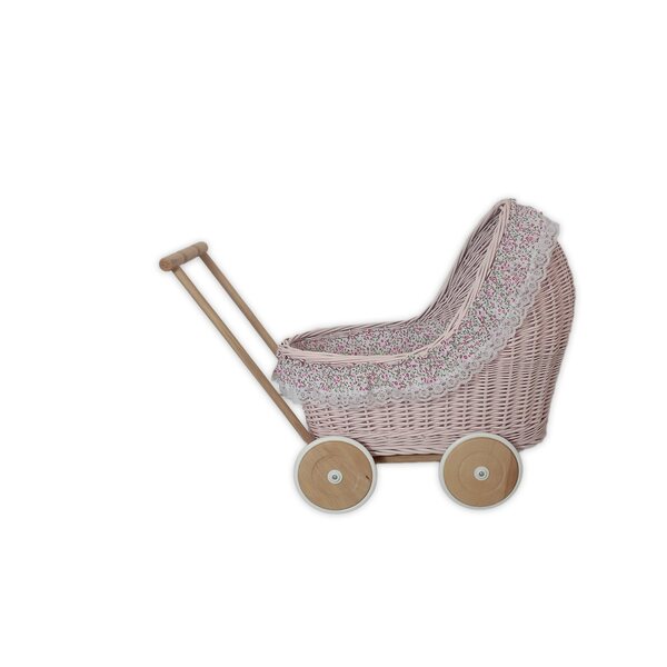 Passeggino in vimini rosa per bambole con biancheria da letto e ruote in legno 45 cm